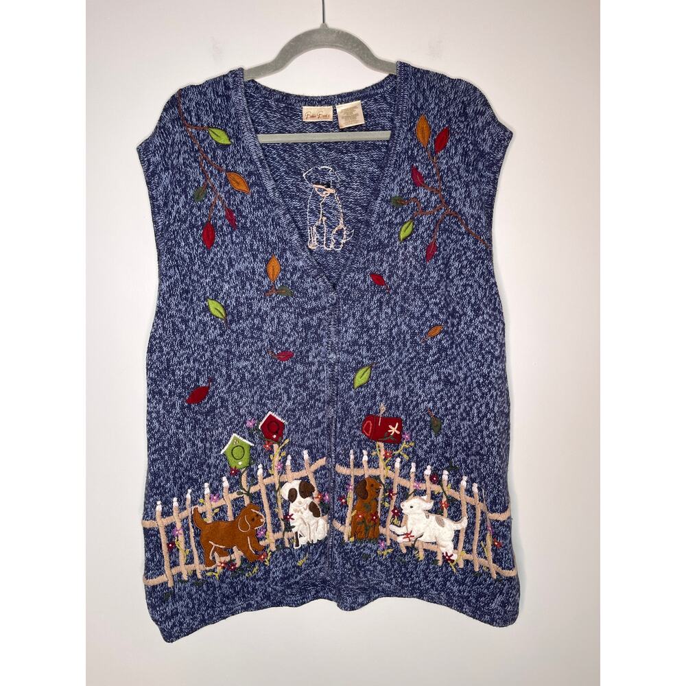 1990s Bobbie Brooks Fall Leaves Puppies Dogs Scenic Kidcore Sweater Vest 3X
